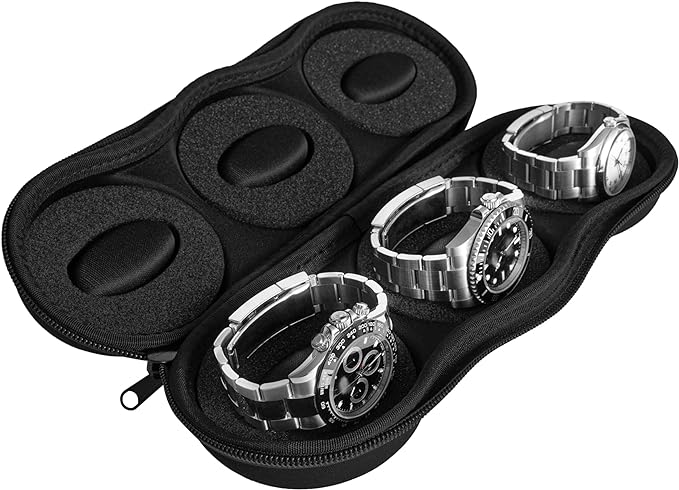 Triple Watch Travel Case Storage Organizer For 3 Watches | Tough Portable Protection w/Zipper Fits All Wristwatches & Smart Watches Up To 50mm (Black)