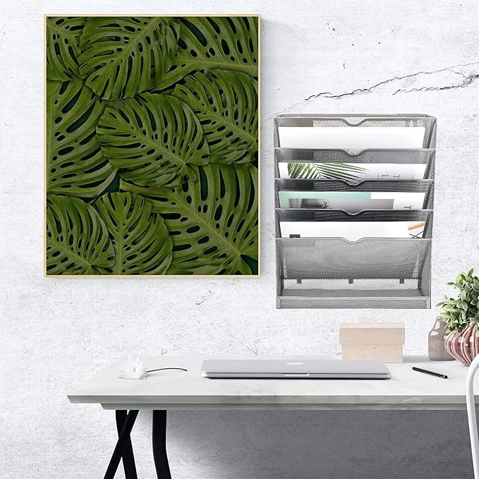 EASEPRES Mesh Wall File Organizer 6 Tier Vertical Mount Hanging Holder Magazine Rack with Bottom Flat Tray, Sides Closed, Silver