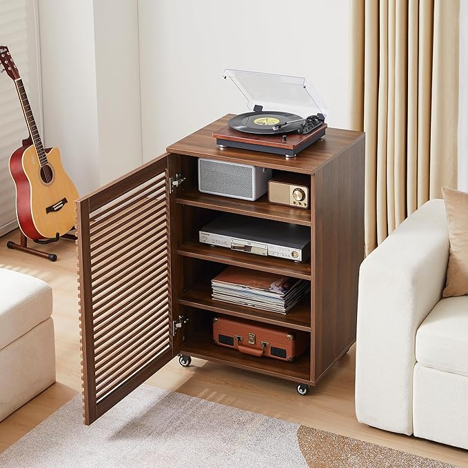 LEVNARY 5-Tier AV Media Cabinet with Grille Door & Adjustable Shelves, Modern Wooden Stereo Rack with Cable Management & Wheels, Audio Video Stand for Living Gaming Room Recording Studio (Walnut)