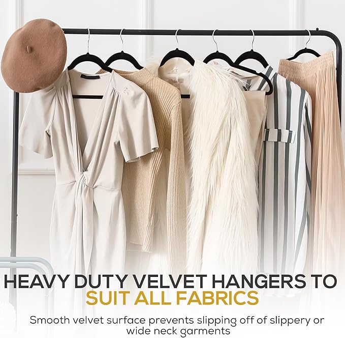 50 Pack New Premium Quality Velvet Hangers Ultra Thin Non Slip Adult Felt Space Saving Hangers for Closet Heavy Duty Coat Pants Jackets Dress Hangers 360° Swivel Hook Hold Upto 10 lbs Black