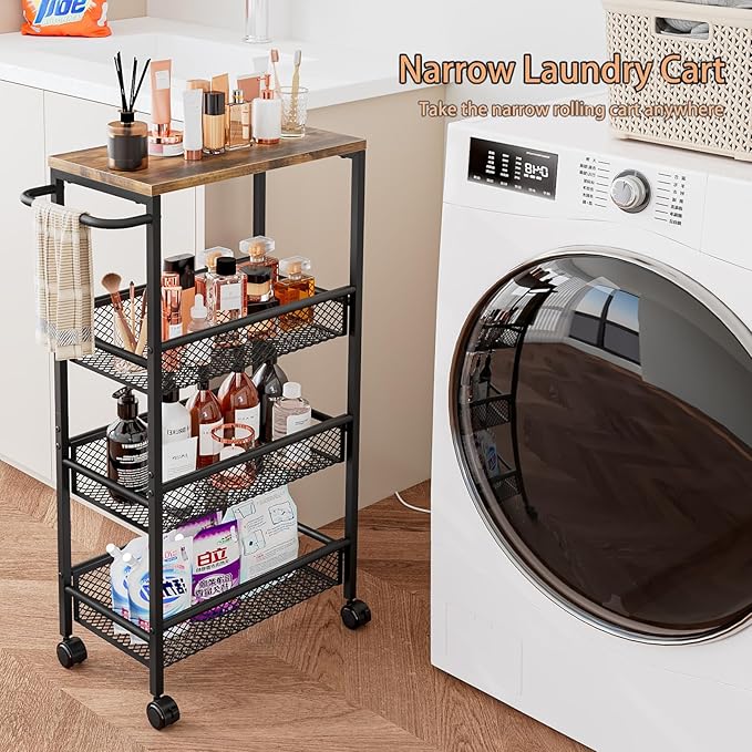 AZERPIAN Slim Rolling Cart 4 Tier Narrow Storage Cart on Wheels with MDF Board Top and Metal Handle for Small Space Kitchen Living Room Bathroom Laundry Room (16.38 x 9.06 x 30.31inch)