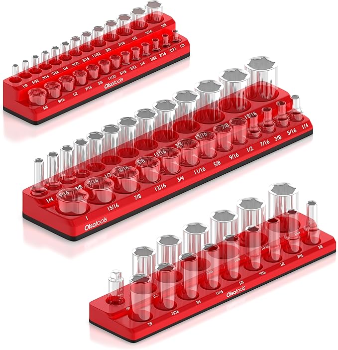Olsa Tools Magnetic Socket Organizers | 3 Piece Set Socket Holder Kit | 1/2-Inch, 3/8-Inch, & 1/4-Inch Drive | SAE Red | Holds 68 Sockets | Professional Quality Tools Organizer Part 1150