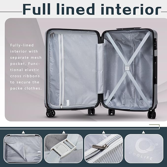 Coolife Luggage Suitcase PC+ABS with TSA Lock Spinner Carry on Hardshell Lightweight 20in 24in 28in (grey, L(28IN))