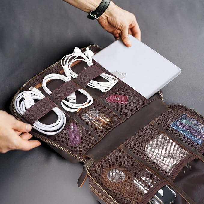 Polare Full Grain Leather Travel Cable Organizer Case Double Layer Electronics Accessories Carry Bag with YKK Zippers Tech Storage Bag for Cables, Power Bank, USB, SD Card