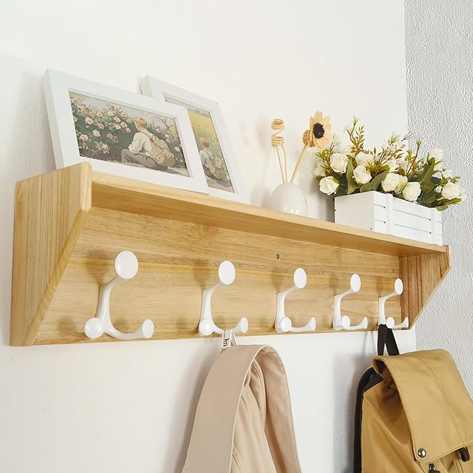 SKOLOO Wall Shelf with Hooks, 35-Inch Coat Rack Wall Mount with Shelf Organizer - Lightweight & Sturdy, 5 Tri Hooks - Perfect for Entryway, Hallway, Living Room, Bedroom, Mudroom, Natural & White