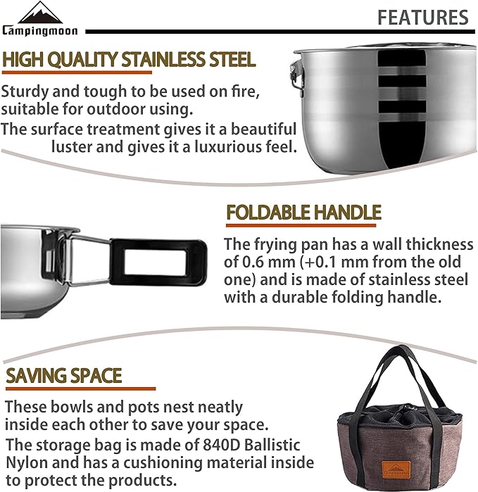 CAMPINGMOON Camping Cookware Set Stainless Steel Outdoor Nesting Cooking Mess Kit Pots Pans Bowls with Storage Carrying Tote Bag
