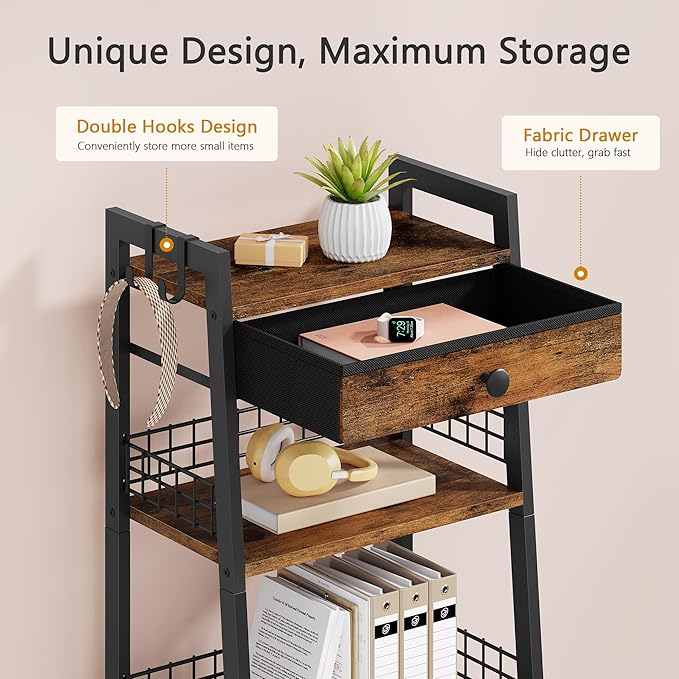 4-Tier Ladder Shelf with Drawer, Bathroom Stand Floor Storage Shelf, Freestanding Tower Table Ladder-Rustic Brown.