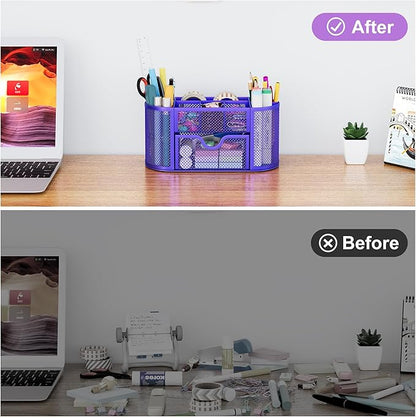 EasyPAG Mesh Pen Holder Desk Organizer with Drawer Stationery Supplies Organizer for Dorm School 9 Compartments Workspace Desk Accessories Organization for Office, Purple