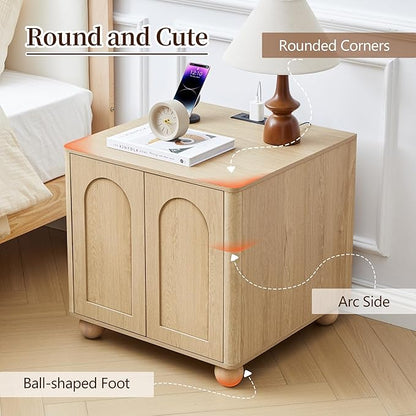 Bed Side Table with Charging Station, Mid Century Modern Nightstand with 2 Doors, Square End Table with Storage for Couch,Living Room,Small Spaces, Sofa Side Table for Office,Dorm - Natural