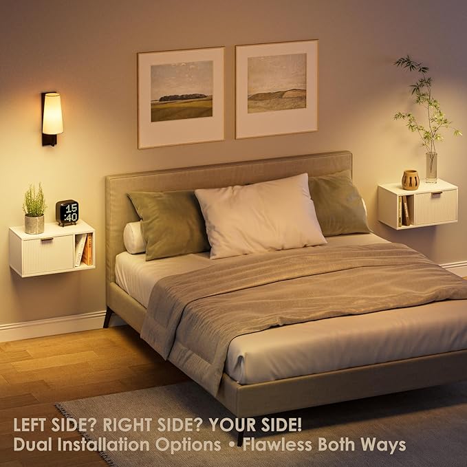 Masupu Floating Nightstand, Wall Mounted Floating Bedside Table with Storage Drawer and Open Shelf, Modern Bedroom Nightstand, 19.3" x 11.4" x 10", White