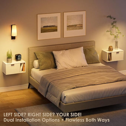 Masupu Floating Nightstand, Wall Mounted Floating Bedside Table with Storage Drawer and Open Shelf, Modern Bedroom Nightstand, 19.3" x 11.4" x 10", White