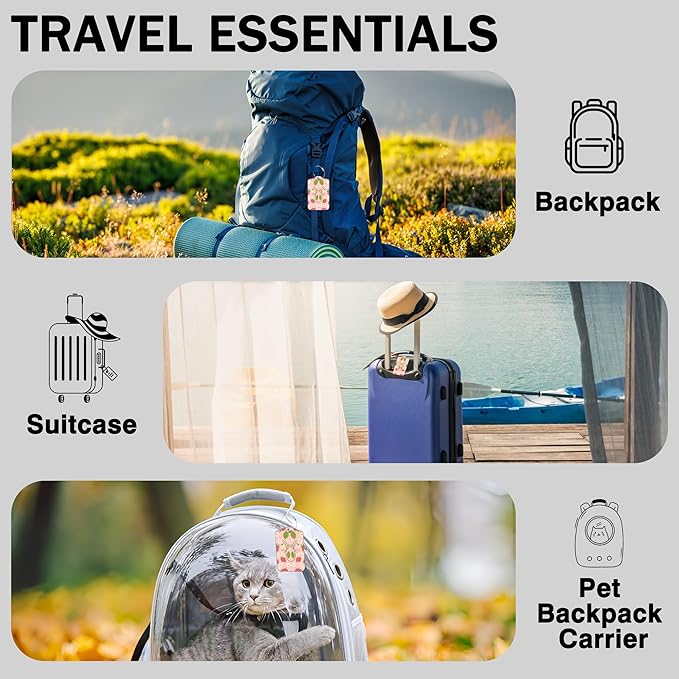 2 Pack Luggage Tags for Suitcases Strawberry and Flowers Leather Luggage Tags Privacy Cover ID Label with Stainless Steel Loop and Address Card for Women Men Travel Bag Backpack