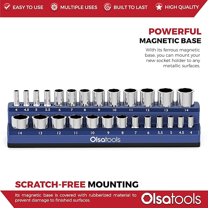 Olsa Tools Magnetic Socket Holder | 1/4-inch Drive | Metric | Blue | Holds 26 Sockets | Professional Quality Tools Organizer