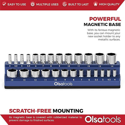 Olsa Tools Magnetic Socket Holder | 1/4-inch Drive | Metric | Blue | Holds 26 Sockets | Professional Quality Tools Organizer