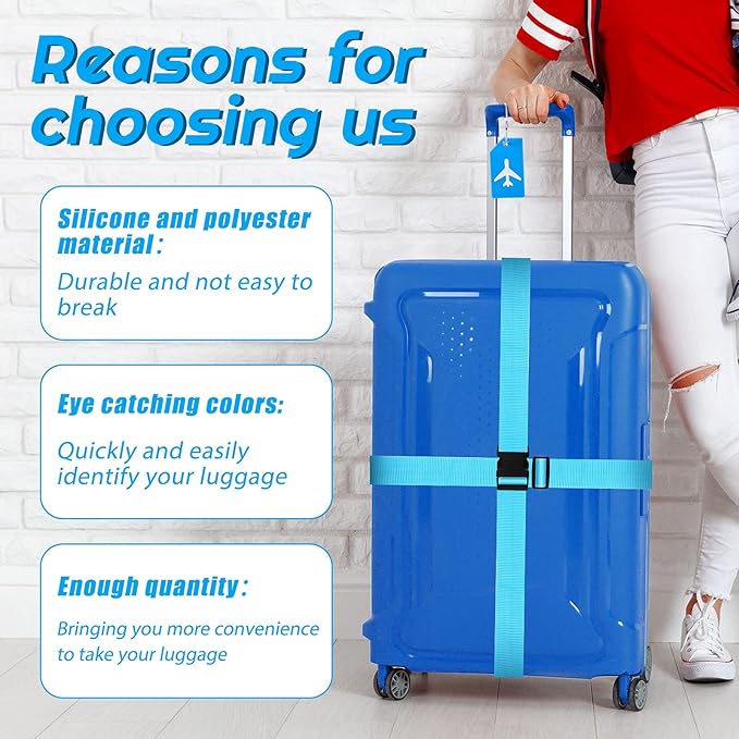 Weewooday 8 Pcs Luggage Straps Suitcase Tags Set for TSA Approved, 4 Travel Adjustable Suitcase Belt, 4 Silicone Luggage Tags with Name ID Card Travel Accessories(Blue,Airplane)