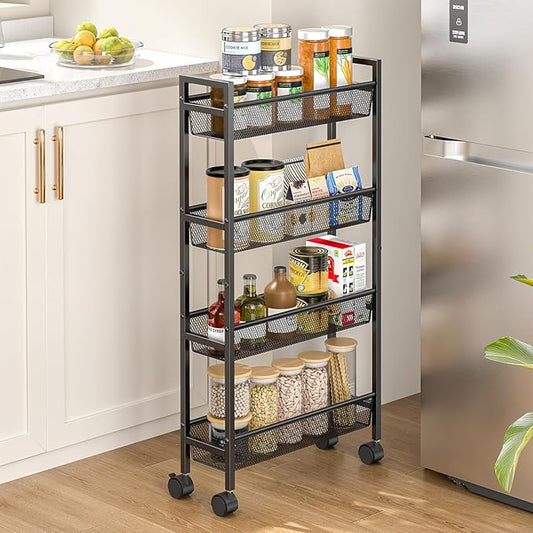 Slim Storage Rolling Cart, 4 Tier Narrow Cart with Wheels, Metal Kitchen Carts for Small Spaces, Slide Out Storage Shelves Mobile Shelving Unit for Kitchen, Laundry Room, Bathroom, Living Room, 6in(W)