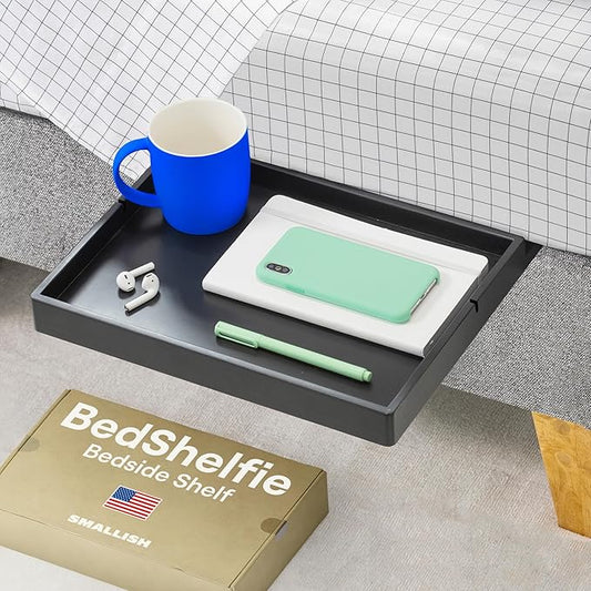 BedShelfie Bedside Shelf for Dorm Room Bunk Bed & Top Bunk, College Dorm Room Essentials, Bedside Caddy, Clip on Floating Desk Tray, Bed Side Table Storage, Loft Nightstand Decor - Black Wood Slide