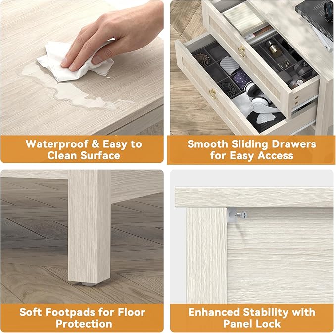 Wooden Nightstand Set of 2, Boho Side Tables with 2 Woven Rattan Drawers and Storage Shelf, Bedside Tables for Bedroom, or Home Office