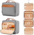 Travel Hanging Toiletry Bag for Women, with Jewelry Organizer Compartment, Medium Waterproof Hanging Makeup Accessories, Cosmetic Essentials, Toiletries Dopp Kit Set with Trolley Belt, Grey