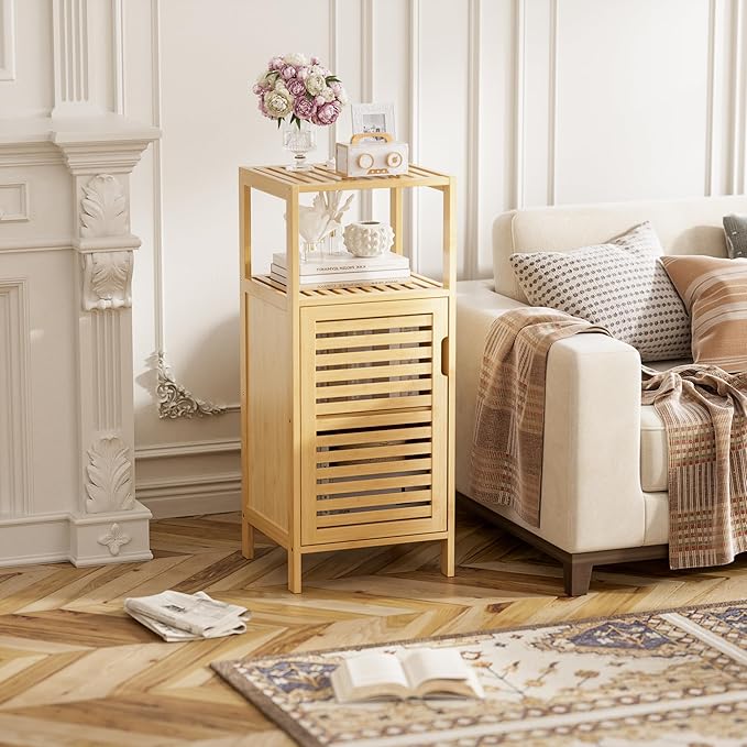 HITNET Bathroom Cabinet Freestanding, Small Bamboo Floor Cabinet, 4 Tier Single Door Sofa Side Table Storage Organizer, Space Saving Kitchen Cupboard, Natural