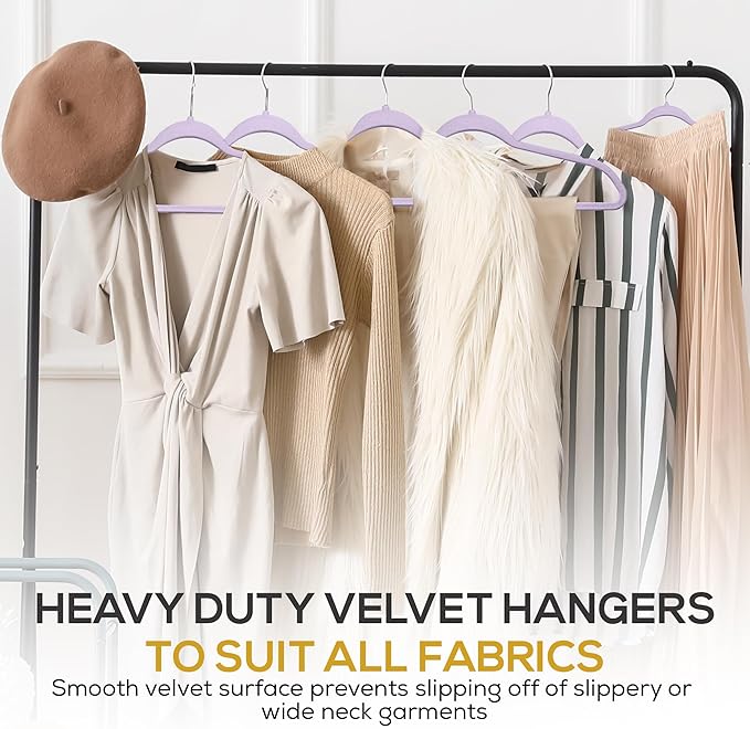 Premium Velvet Hangers 50 Pack Ultra Thin Non Slip Adult Felt Space Saving Suit Hanger for Closet Heavy Duty Coat Pants Jackets Dress Hangers 360° Swivel Hook Hold Upto 10 lbs Purple Hangers