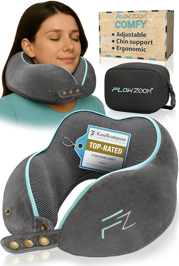 Memory Foam Travel Pillow for Airplanes & Car Rides - Adjustable Airplane Pillow with 360° Chin and Neck Support for Comfy Naps, Extra-Soft Washable Neck Pillow Cover, Squeezy Mesh Bag - Grey
