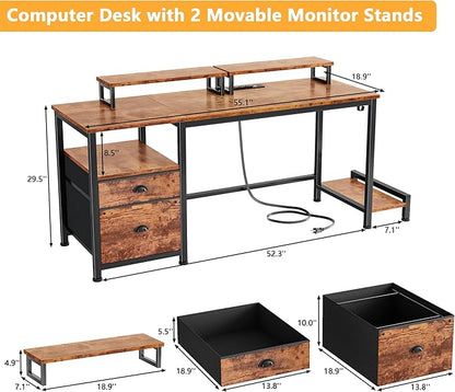 Furologee 55" Computer Desk with File Cabinet and Power Outlets, Home Office Desk with 2 Movable Monitor Stands and Storage Drawer, Writing Table with Shelves and 2 Hooks for Bedroom, Rustic Brown