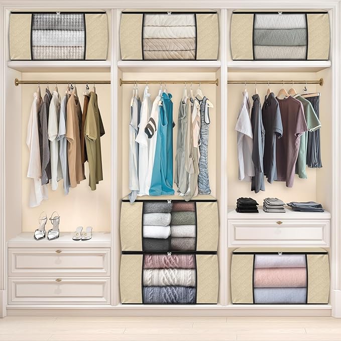 Fab totes 24 Gallons Clothes Storage, Foldable Thick Fabric Blanket Storage Bags, Containers for Organizing Bedroom, Closet, Clothing, Comforter, Organization with Handle (6 Pack,Beige)