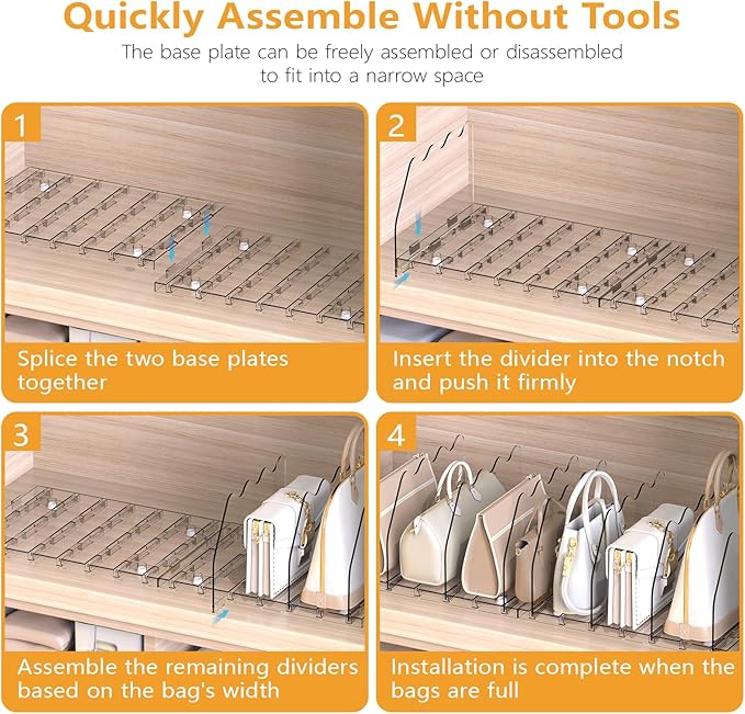 Ronlap Purse Storage Organizer for Closet, Clear Closet Bag Storage Dividers Rack Shelf Purse Dividers for Closet Organization Handbag Separators Closet Purse Organizers and Storage, 2 Pack, Clear