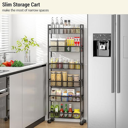 6 Tier Slim Storage Cart, Narrow Cart with Wheels, Metal Mobile Shelving Unit Organizer for Kitchen, Bathroom, Laundry Room, Living Room & Narrow Spaces, Black, 6in(W)