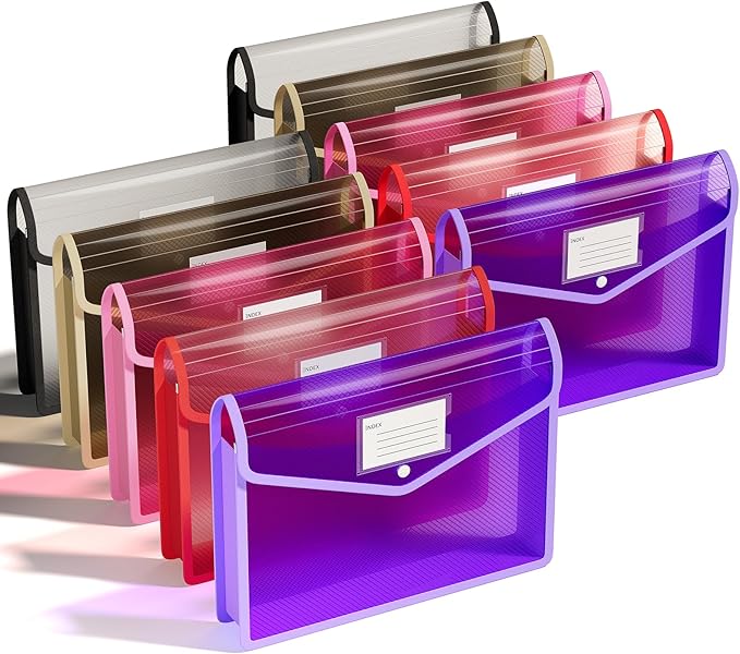 ThinkTex Plastic Expanding File Folder, Transparent Envelopes with Snap Closure,Suitable for Home, Office, School and Hospital, Large Capacity，No Dividers, 5 Colors, Fit Letter/A4 Size-10 Pcs