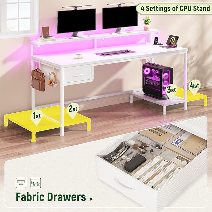 Computer Desk with Ergonomic Monitor Stand & CPU Stand,47.2" Gaming Desk with 1 Drawer & Power Outlet & LED Lights for Home Work, Bedroom Study and Gaming, Small Spaces,White