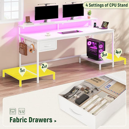 Computer Desk with Ergonomic Monitor Stand & CPU Stand,47.2" Gaming Desk with 1 Drawer & Power Outlet & LED Lights for Home Work, Bedroom Study and Gaming, Small Spaces,White