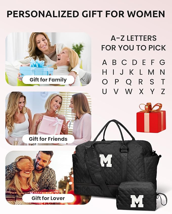 Gifts for Her-Duffle Bag with Shoe Compartment, Personalized Weekender Bag, Monogram Overnight Bag, Letter Travel Bag with Makeup Bag，Sister Friend Girlfriend Gifts (Letter N)