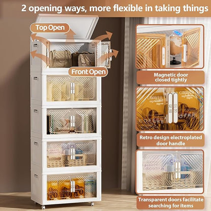 Storage Bins with Lid 76QT, Stackable Storage Containers with Wheels and Magnetic Doors, Plastic Clothes Closet Organizers and Storage Box for Home and Office (5 Pack)