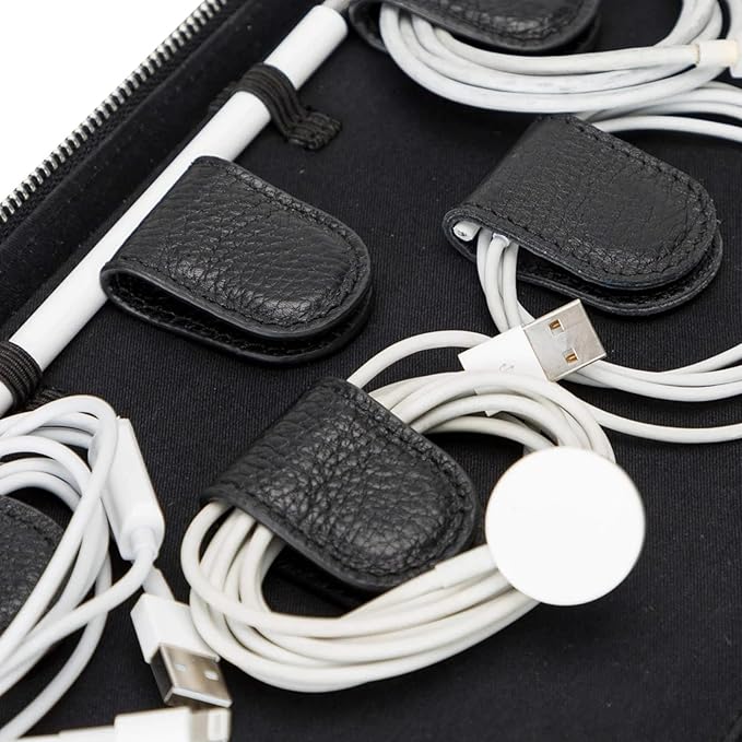 Medicine Handmade Leather Cable Organizer Bag – Full-Grain Leather Travel Tech Case for Cords, Chargers & Accessories – Zippered Storage for Men & Women (Black)