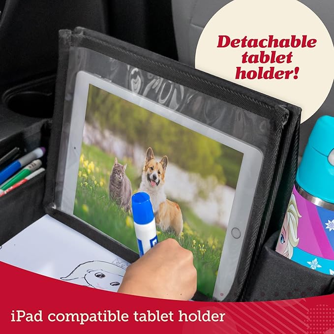 Lusso Gear Car Seat Activity Tray - 600D Oxford Cloth, Planets - Toddler Lap Tray for Kids with Tablet Holder, Dry Erase Top, Mesh Pockets & Cup Holder - Travel Accessories & Airplane Seat Organizer