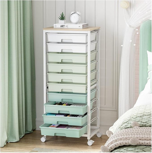 Rolling Cart with Drawers,10 Drawer Rolling Cart,Storage Cart,Utility Cart,Teacher Cart for Classroom Storage,Craft Cart with Wheels and Wooden Tabletop,Green