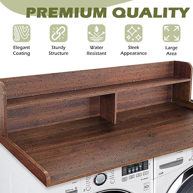 Royxen Laundry Countertop with Storage Universal Fit, Washer and Dryer Countertop with Shelf, Laundry Room Storage, 2-Tier Shelf (Walnut)