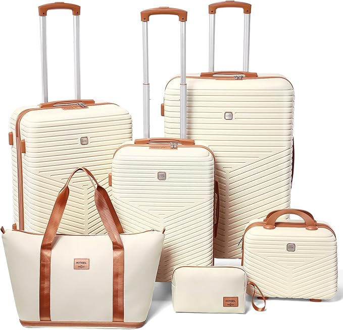 Hoteel 6 Piece Luggage Set (4-YEAR WARRANTY) Carry on ABS+PC Hard Shell Suitcase with Spinner Wheels & TSA Lock (Beige)
