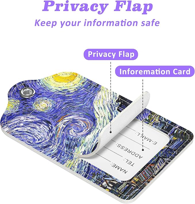 2 Pack Luggage Tags for Suitcase The Starry Night Leather Stainless Steel Loop Label Tags for Women Men Travel Bag Suitcase with Privacy Cover Name ID Card