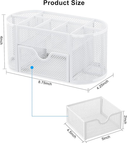 EasyPAG Mesh Pen Holder Desk Organizer with Drawer Stationery Supplies Organizer for Dorm School 9 Compartments Workspace Desk Accessories Organization for Office, White