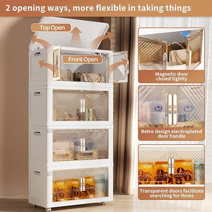 Storage Bins with Lid 120QT, Stackable Storage Containers with Wheels and Magnetic Doors, Plastic Clothes Closet Organizers and Storage Box for Home and Office (4 Pack)