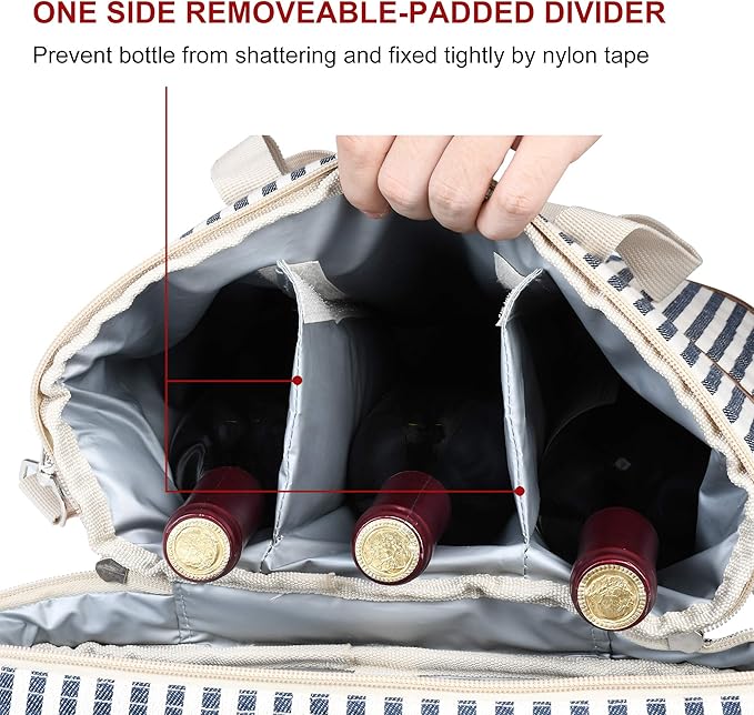 Tirrinia Insulated Wine Gift carrier - 3 Bottle Travel Padded Wine Carry Cooler Tote Bag with Handle and Adjustable Shoulder Strap, Stripe