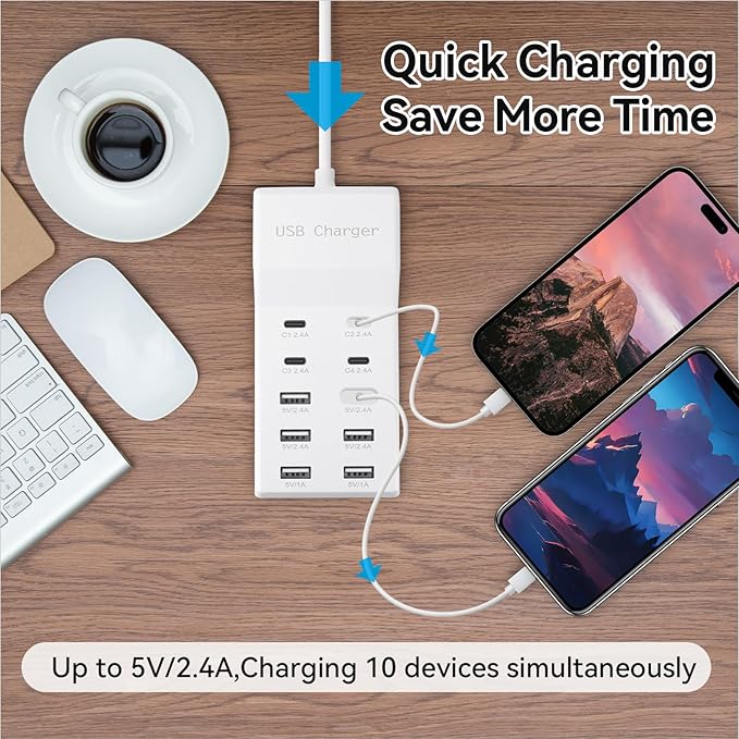 USB Charging Station, 10 Ports Family-Sized USB C Charger Block,USB Power Strip for Smart Phone Tablet Laptop Computer (1 Pcs)