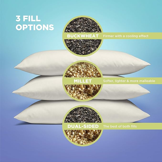 Bean Products 20" x 30" Queen Bed Pillow for Sleeping – Organic Millet Fill with Organic Cotton Fabric, Soft Head Pillow – Eco-Friendly, Breathable, and Durable Sleep Aid, Made in The USA
