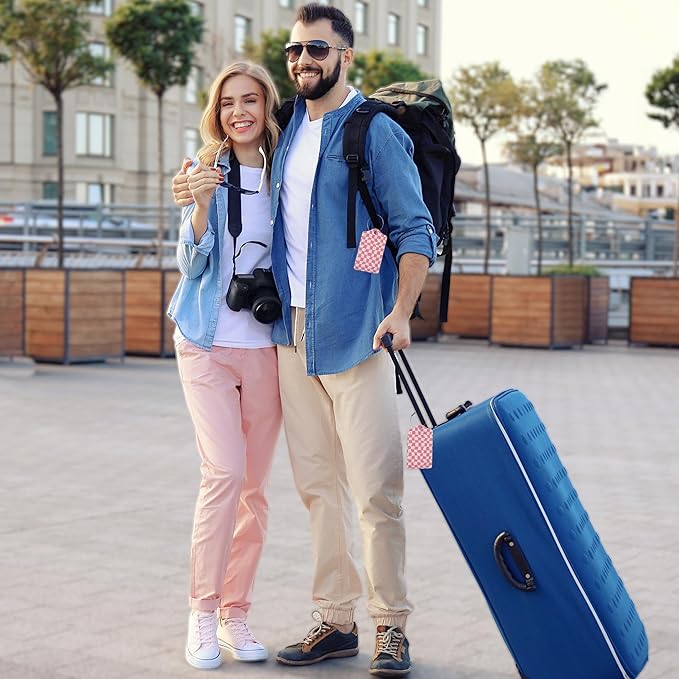 2 Pack Luggage Tag for Suitcase, Groovy Pink Checkerboard Leather Bag Tags Identifiers Privacy Cover ID Label with Durable Steel Loop for Women Men Kids Girls Travel
