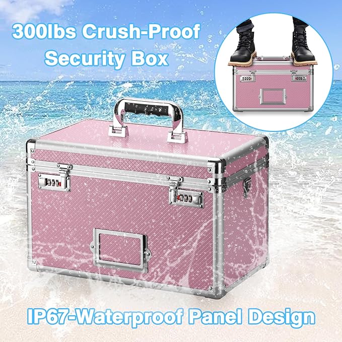 15 x 8.7 x 10 Inch Lockable Storage Box with Combination Lock, Portable Safe for Documents, Medicine, Cash & Valuables, Medicine Lock Box with Label Slot for Home, Office & Travel - Pink