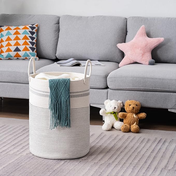 YOUDENOVA Woven Rope Laundry Hamper Basket, 58L Tall Luandry Basket, Baby Nursery Hamper for Blanket Storage, Clothes Hamper for Laundry in Bedroom-Large-Stripe White