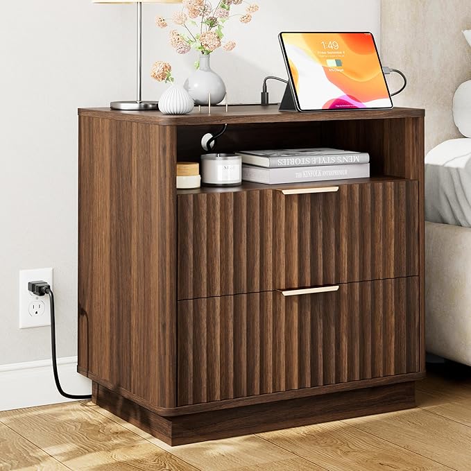 Large Fluted Night Stand with Charging Station, 23" Mid-Century Modern Nightstand, 2 Drawers End Table with Storage, Bedside Table for Bedroom Sofa Home Office, Curved Profile (Walnut)